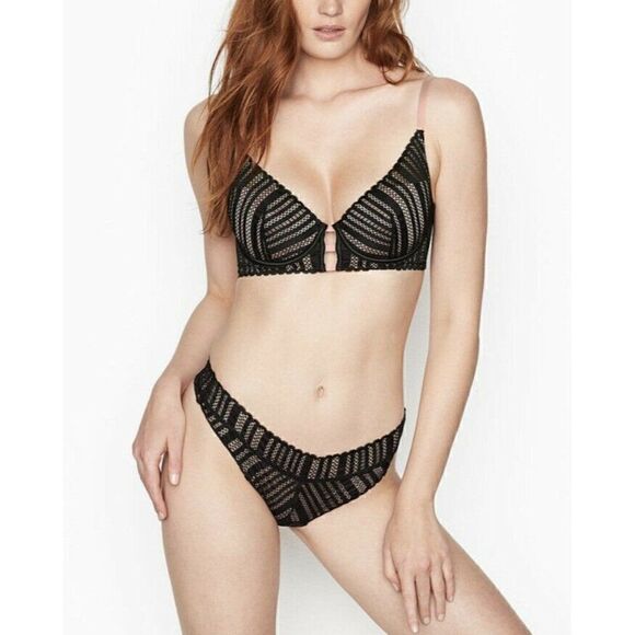 Victoria's Secret Lace Lightly Lined Plunge Black & pink Bra LUXE LINGERIE 32DD - Picture 1 of 9